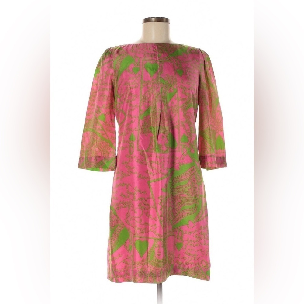 Lilly Pulitzer Queen of Hearts Love Green Pink Silk Shift Dress Size 4